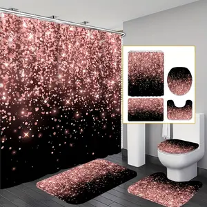 Glitter Pattern Bathroom Decorations, 4 Counts/set Including Shower Curtain & Toilet U-shape Mat & Bathroom Mat & Toilet Lid Cover, Bathroom Accessories, Shower Curtain Sets
