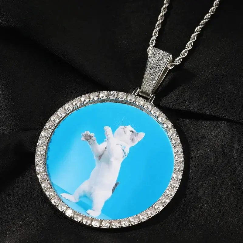 Ice Hue Personalized XL Large Custom Memory Round Colorful Photo Pendant Necklace Simple CZ Neck Chain Jewelry,Two Style classic design everyday essential versatile comfort wear wardrobe staple piece relaxed fit