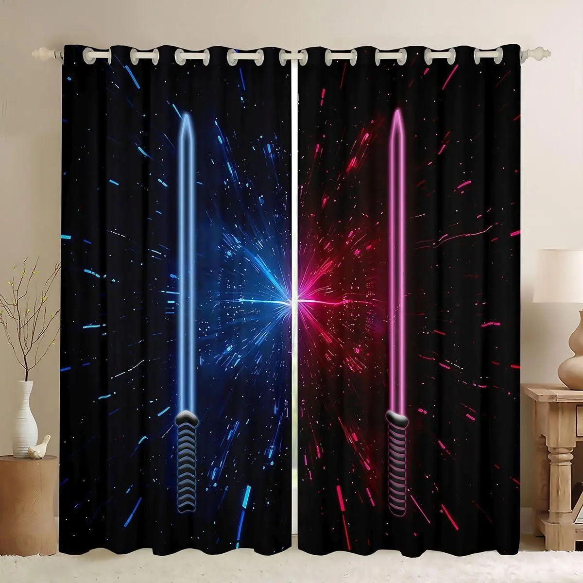 Lightsaber Kids Blackout Curtain,Neon Light Saber Sword Ray Outer Space Window Drapes for Boys Girls,Future Science Technology Red Blue Window Treatments Grommet Top 2 Panel Set
