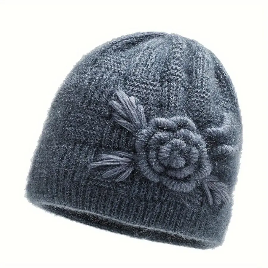 Female Floral Decor Knitted Beanie Hat - Fitted, Soft Stretch Windproof Winter Cap for Cold Weather Outdoor Sports, 1 Size, Hand Wash Only, Beanie Fitted