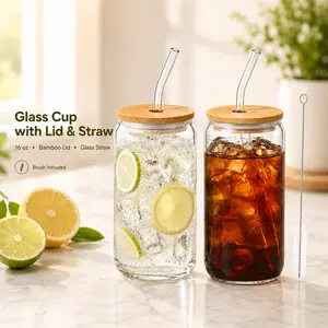 MIUVA 16 oz Glass Cup with Bamboo Lid and Glass Straw, Borosilicate Can-Shaped Drinking Glass with Cleaning Brush, Reusable Tumbler for Iced Coffee, Soda, Juice, Milk Tea, Cocktails