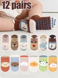 12 Pairs Baby Boys Cartoon Socks Anti-Slip, Toddler Walking Socks, Newborn Baby Boy Animal Print Socks, Unisex Short Socks, Socks Set