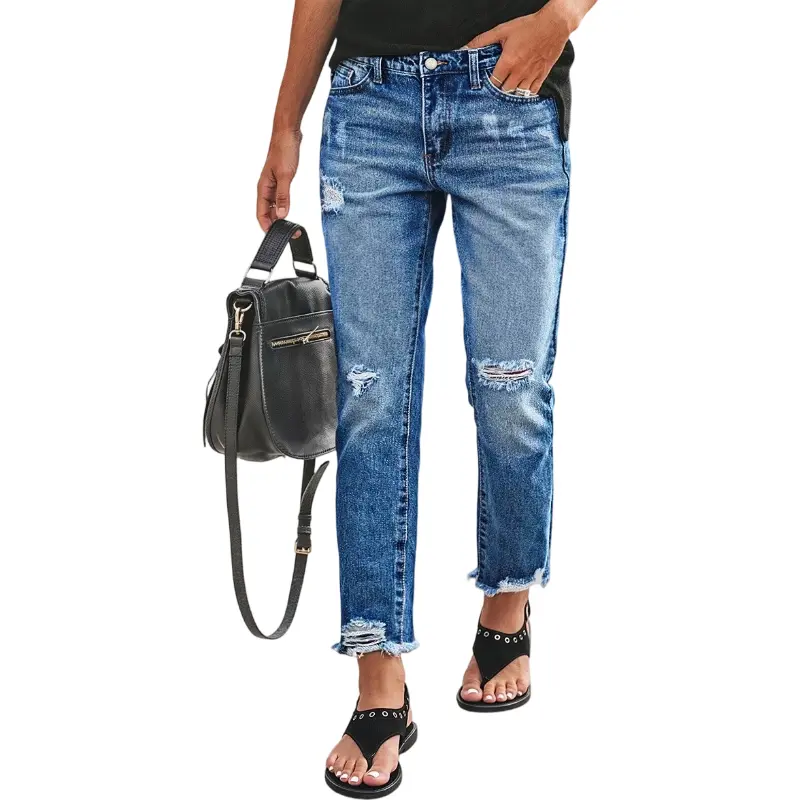 Flamingals Wash Ripped Raw Hem Mid Rise Straight Leg Crop Jeans Womenswear Stretchy 26.8" Inseam
