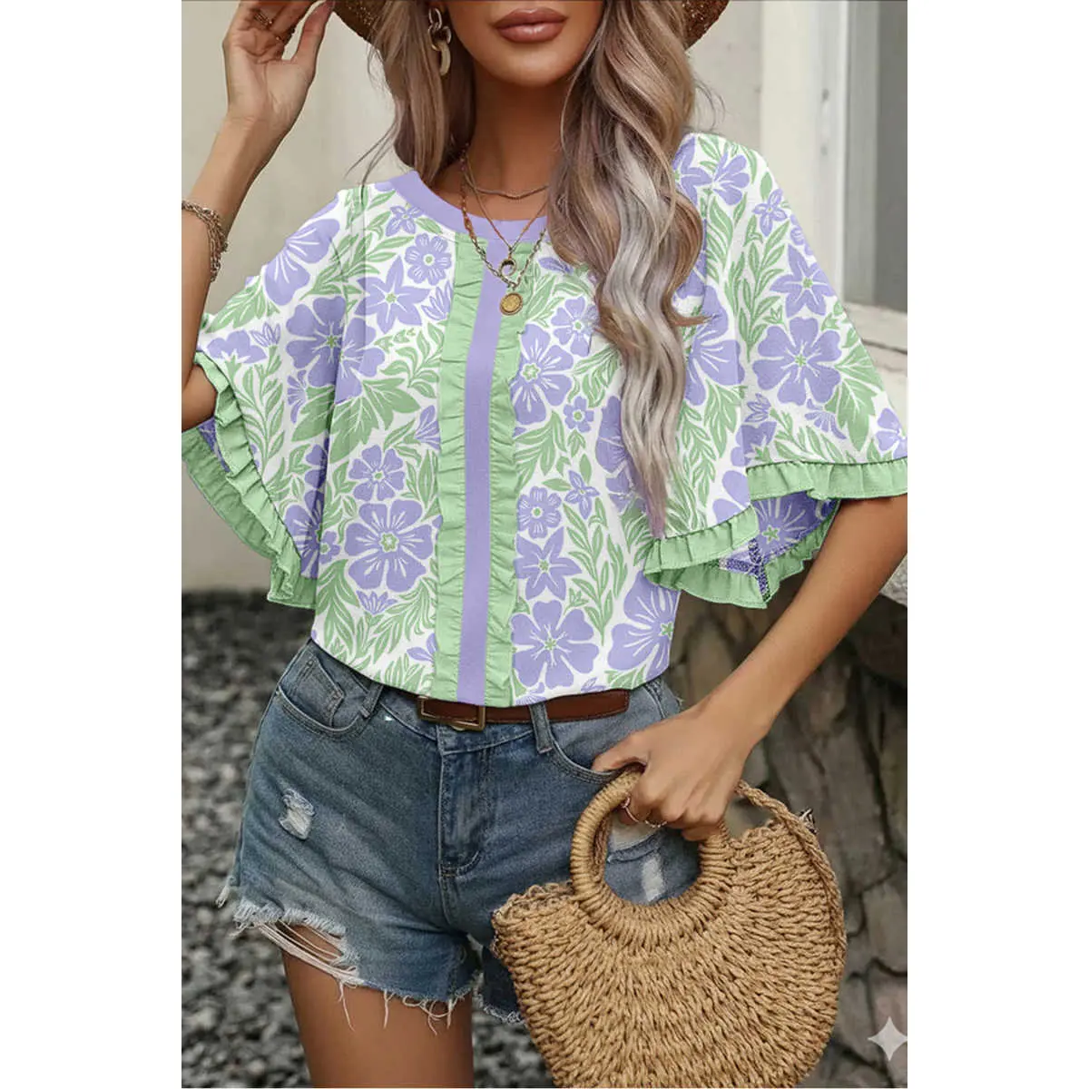Women's Casual Floral Print Blouse, Chic Ruffled Flutter Sleeve Top, Breathable Lightweight Viscose for Summer Beach, Viscose Softness, 100% Premium Viscose