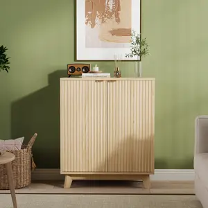 Modern Fluted Sideboard Buffet Cabinet – Adjustable Shelves, Gold Handles, Walnut Wood Storage Console for Living Room, Dining Room, Kitchen, Entryway, or Hallway