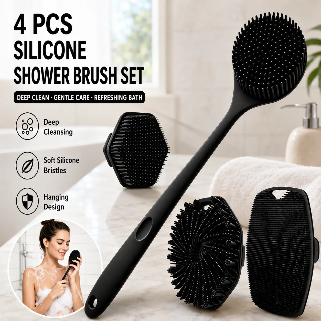 4PCS Shower Brush Set for Women and Men, Silicone Long Handle Shower Back Scrubber, Hexagon Face Cleansing Brush, Square Bath Scrubber and Diamond Silicone Body Scrubber Exfoliator, Bathroom Bath Accessories exfoliating siliconescrubber