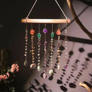 Bohemian Style Sun Catcher Wind Chime, Garden & Living Room Wooden Crystal Wall Hanging Decor, Aesthetic Home Decoration, Ideal Christmas Gift