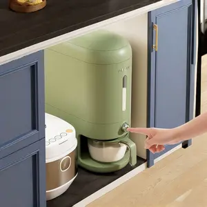 Green Airtight Rice Dispenser with Press-to-Dispense & Transparent Window – Gravity Rice Keeper with Measuring Cup, Spice Box &  Lid, Storage Container for Kitchen Pantry & Countertop Organization