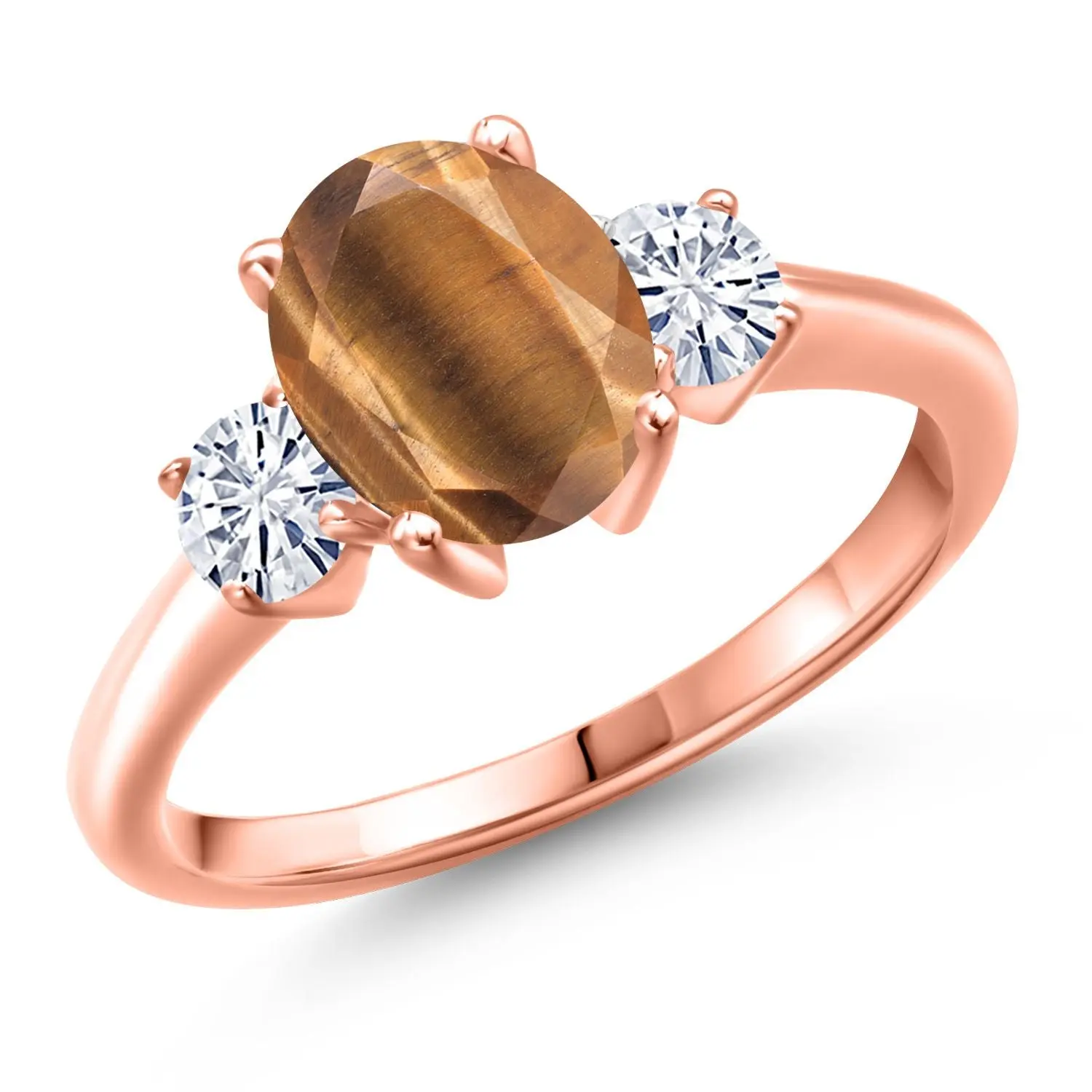 18K Rose Gold Plated Silver Gemstone Birthstone and White Moissanite 3-Stone Engagement Ring for Women | Oval 9X7MM and Round 4MM | Three Stone Wedding Anniversary Promise Ring | Sizes 5, 6, 7, 8, 9