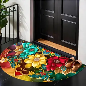 Vintage Floral Print Mat, Vibrant Floral Pattern, 1pc Vibrant Boho Floral Welcome Doormat – Semi-Circular Non-Slip Design, Machine Washable Polyester Mat for Entryway, Porch, Perfect for Spring & Summer Decor | Durable Outdoor Mat