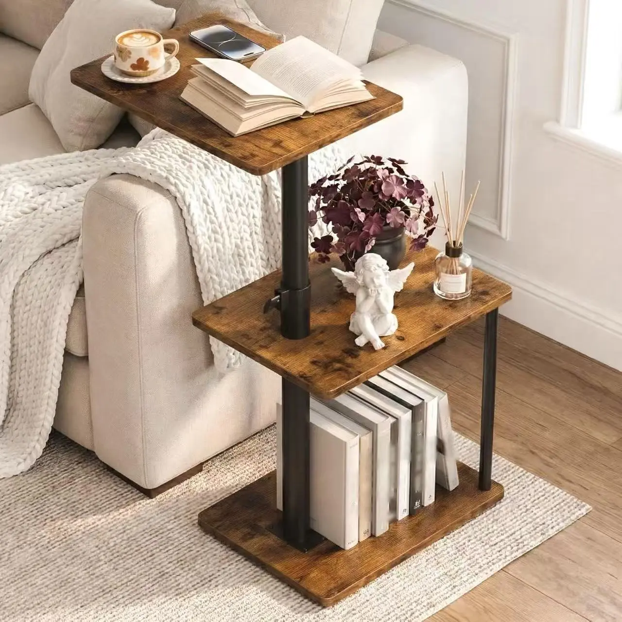 Rustic Brown 360° Swivel C-Shaped Side Table - Height Adjustable, 3-Tier Nightstand with Storage & Open Shelf, TV Tray Furniture for Small Spaces, Living Room Bedroom Use