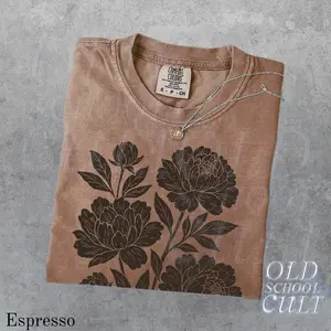 Comfort Colors Linocut Flower Vintage Style Tshirt, Retro Block Print Peonies Shirt,Ranunculas Woodcut Stamp Tee,Cottagecore Boho Botanical