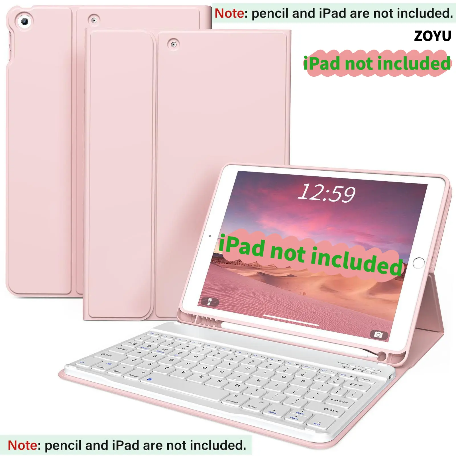 【TikTokShopHolidayHaul】Zoyu Detachable Wireless Keyboard PU Leather Case Set with Pencil Holder - for iPad Pro 13-inch M4, 11-inch A16, JPBC Pink Edition - Tablet Protective Cover, Computer Accessories, Handheld Device Outdoor Fun Accessory