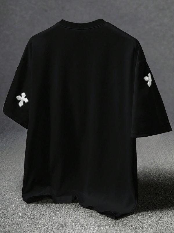 Men's Cross Stitch Embroidered Solid Color Round Neck T-Shirt, Casual Fit Streetwear, Casual Fitted Long Sleeve Top for All Seasons, Sporty College Style