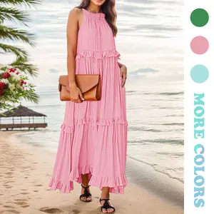 ETCYY NEW Women's Boho Maxi Summer Dress – Sleeveless Halter Neck Flowy Sundress with Ruffle Hem, Casual or Formal Beach Party Outfit – Basic Womenswear, Pink Minimalist Style