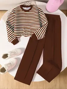 Toddler Girl's Striped Print Sweater & Elastic Waist Pants Set, Casual Long Sleeve Round Neck Top & Trousers 2 Piece Set for Fall, Kids Clothes for Daily Wear, Striped Sets