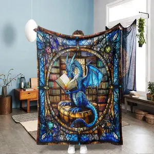 1PC Western dragon blanket, blue dragon pattern, abstract geometric patchwork blanket, fluffy and fashionable blanket, holiday gift