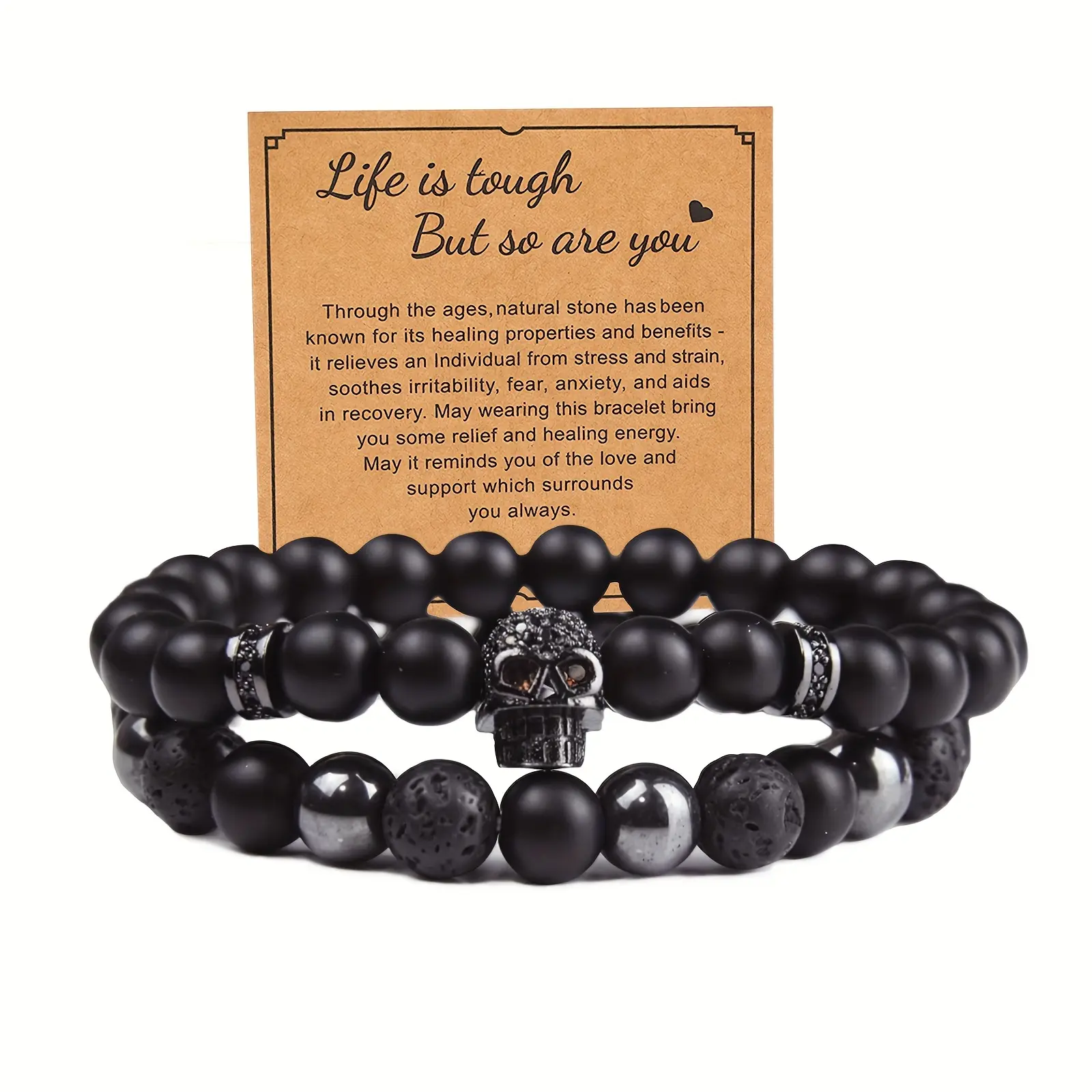 Meaningful Black Obsidian Skull Bracelet with Wish Card – Triple Protection Onyx Hematite Lava Stone Beads, Inspirational Easter Basket Stuffer for Best Friend, Birthday Christmas Valentine’s Day