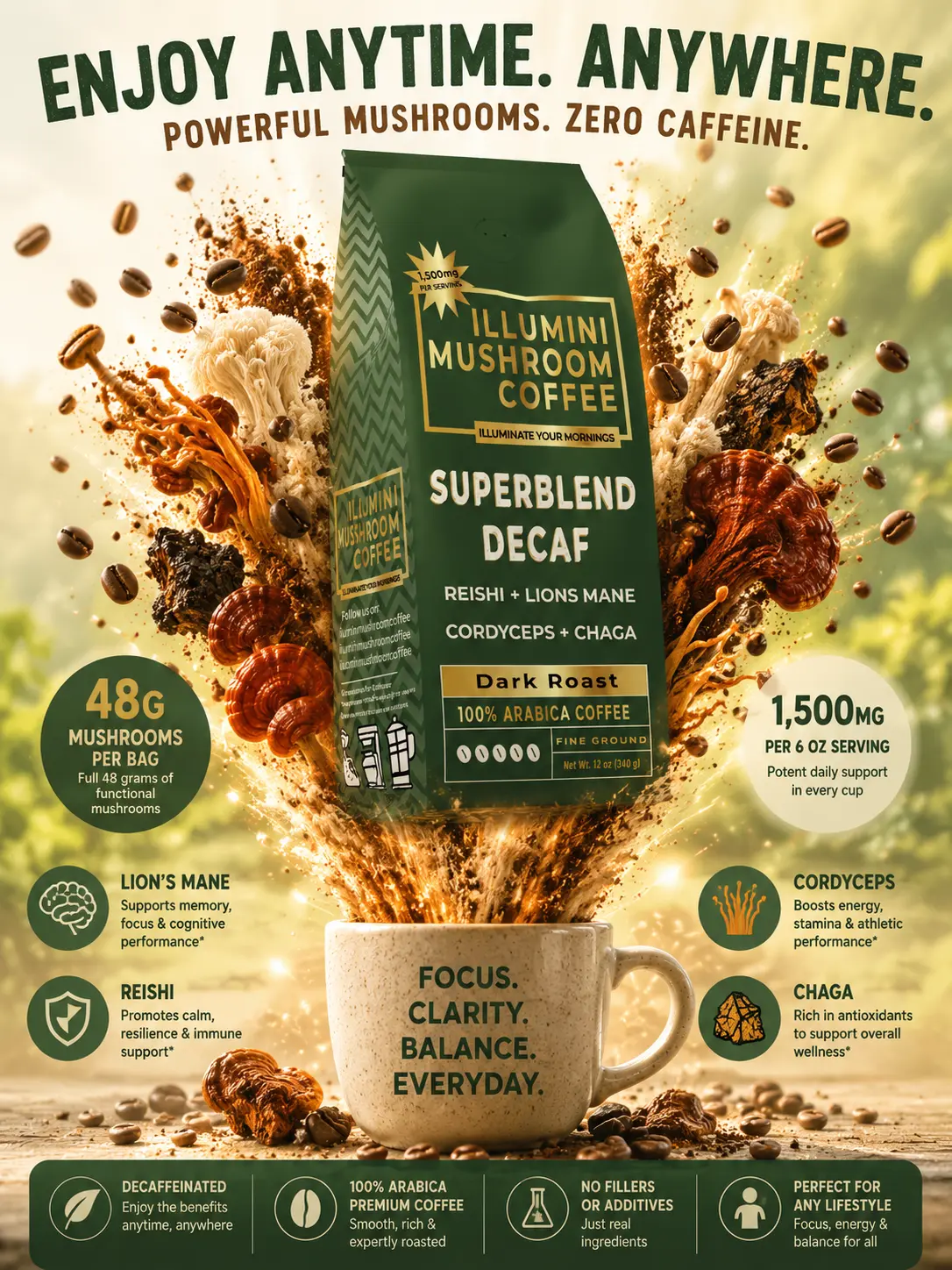ILLUMINI Superblend Decaf Mushroom Coffee | Smooth Dark Roast Wellness Coffee | Premium Decaffeinated Blend