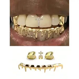 [Copper Zirconia Grill] European & American Cross Copper Micro-Inlaid Zirconia Single Water Drop Teeth Grill, Hot-Selling