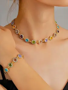 Bohemian Dopamine Colorful Rhinestone Artificial Crystal Necklace, Daily Wear Necklace, Elegant Sparkling Jewelry for Women & Girls, Perfect Gift for Holidays & Birthdays