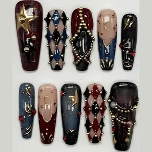 Gothic Harlequin Press On Nails, Moon And Star Nail Art, Beautiful 3D Carnival Cosplay Nail Set With Gold Accents