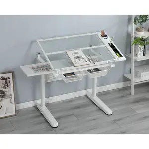 hand crank adjustable drafting table drawing desk with 2 metal drawers (white)WITH STOOL