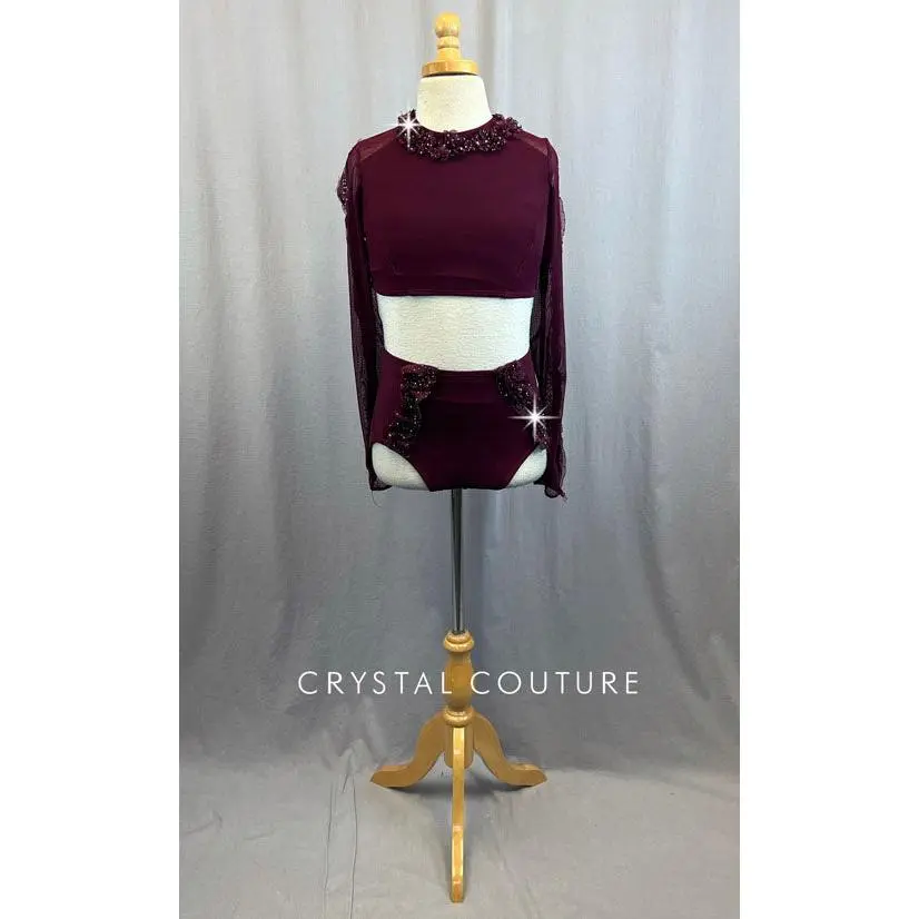 Custom Maroon Long Sleeve Crop Top and Briefs