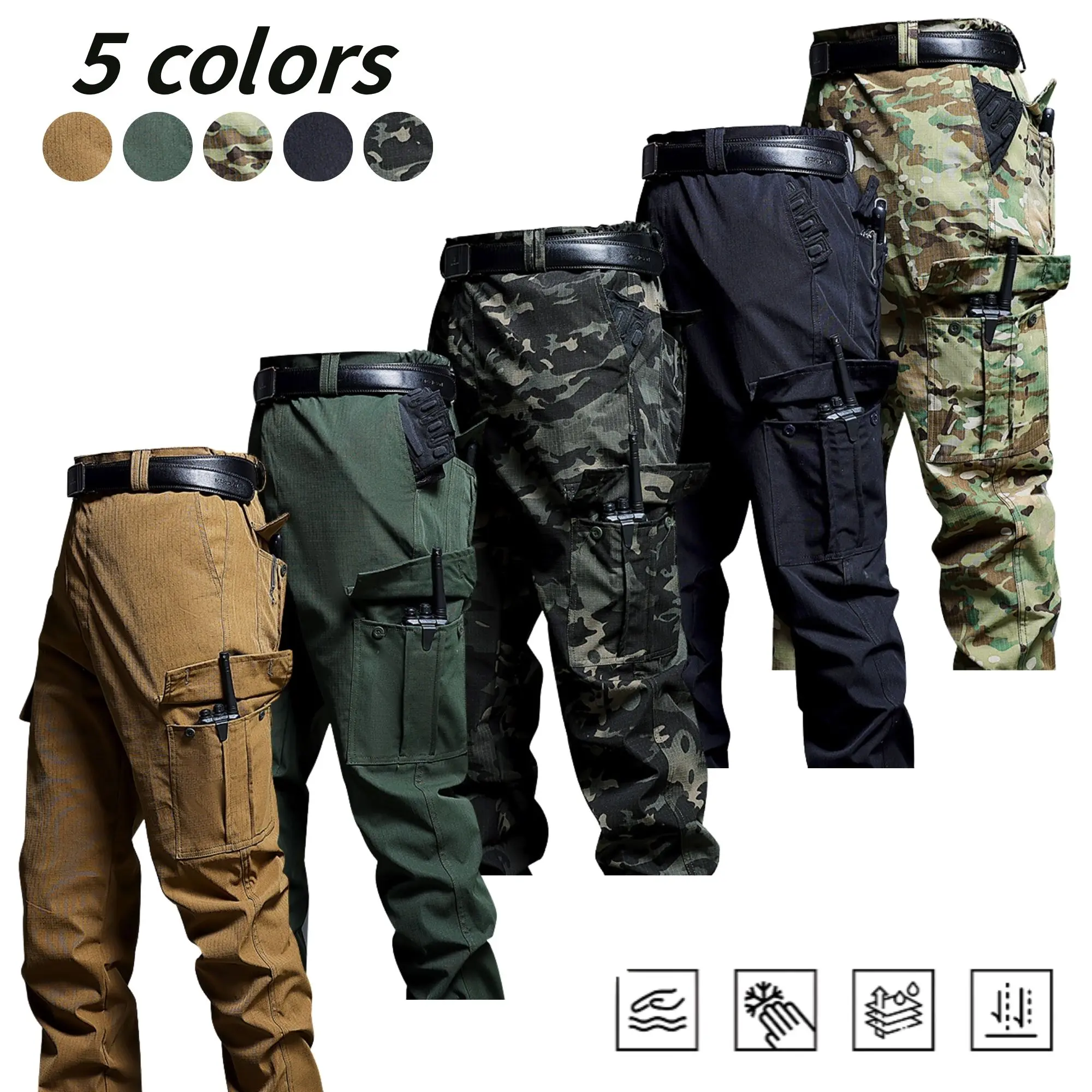 Men's Daily Tactical Plain Long Cargo Pants - Basic Straight-Leg Cut, Tear-Resistant Fabric, Hike-Ready Pockets for Outdoor, Night Clothes Use