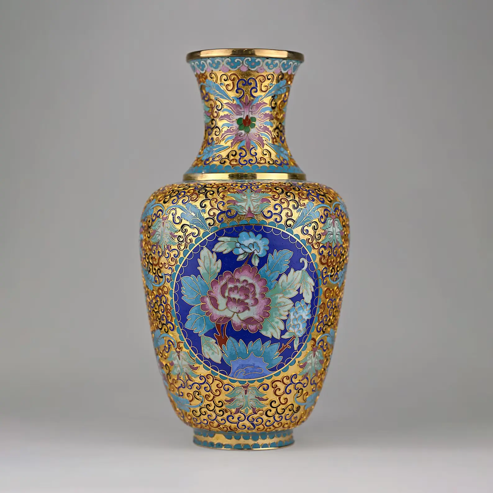 Cloisonné Vase | Handcrafted Blue & Turquoise Enamel Vase | Gold Gilded Floral Motif | 15” Statement Home Accent Vase | One-of-a-Kind Decor