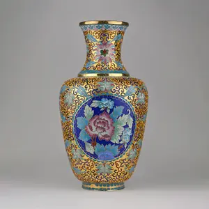 Cloisonné Vase | Handcrafted Blue & Turquoise Enamel Vase | Gold Gilded Floral Motif | 15” Statement Home Accent Vase | One-of-a-Kind Decor