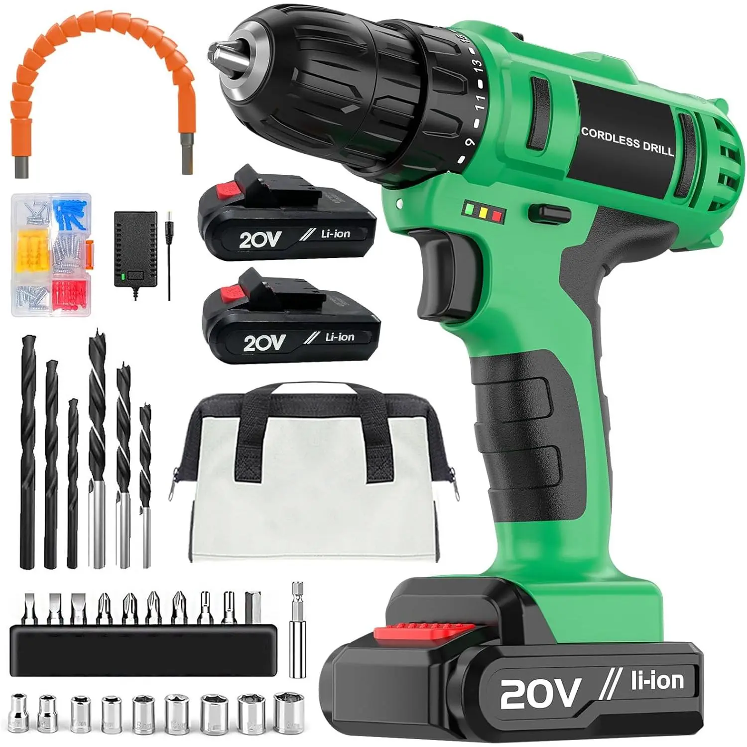 20V Set, 3/8 Drills Kit with 18+1 Setting, LED Drills Set with Battery and Charger, Screwdriver Tools Kit, 2 Batteries