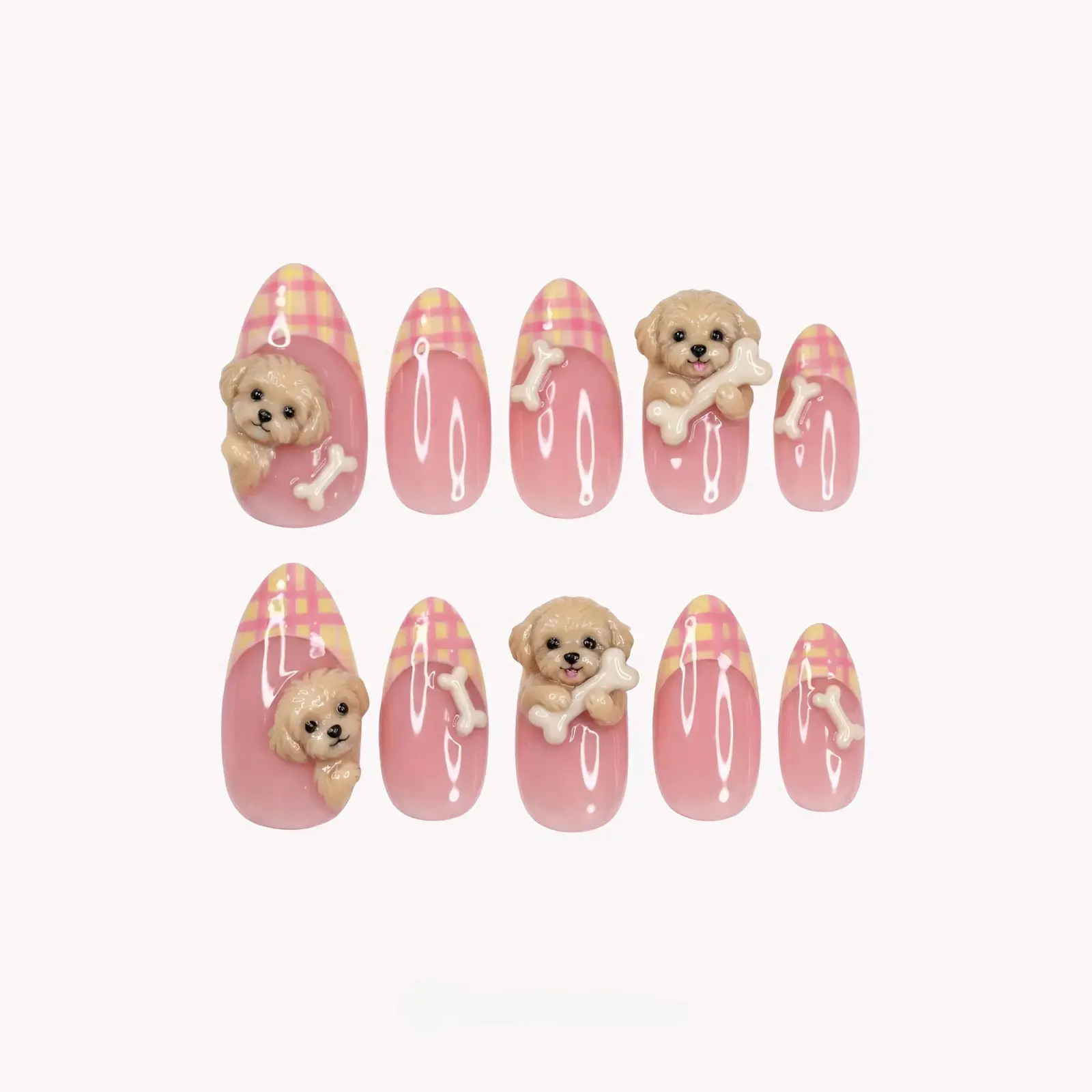 Dog Press on Nails, Cuddly Poodle Puppy Nail Art, Almond Gel Tips, Reusable Manicure