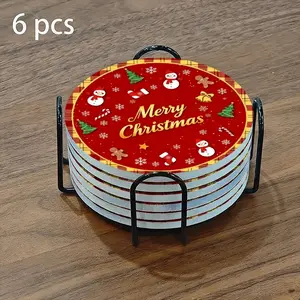 6-piece ceramic coaster set, featuring a red and yellow checkered Christmas design. Heat-resistant and non-slip coasters, essential for home and dining table decorations, practical and elegant beverage mats, and a perfect housewarming gift.