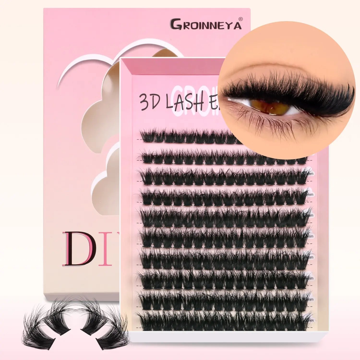 GROINNEYA 10 Rows Furry Individual Lashes, Fluffy Lashes, Volume Lashes, C Curl Cluster Lashes Natural Cross Lashes Wispy Effect Volumized Fake Eyelashes, DIY Lashes Mix Length DIY Lash Extension,Perfect For Everyday Wear