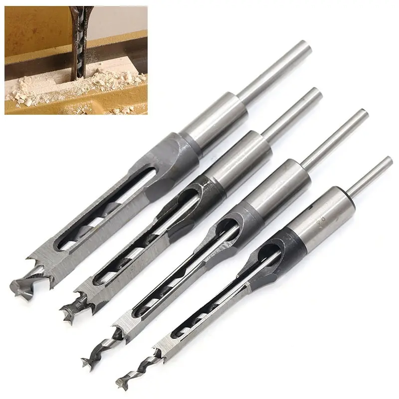 4-Piece High-Speed Steel Square Hole Drill Bit Set, Precision Sizes 1/4, 1/2, 5/16, 3/8 for Woodworking, Suitable for Wood, Plastic, and Metal Use