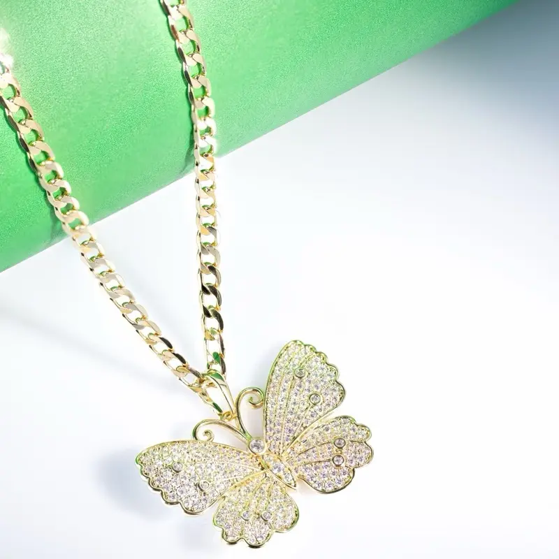14 Karat Laminated Gold Butterfly Jewelry Necklace - 3mm Cuban Link Chain, Fully Iced CZ Stone Design, High-Polish Finish, Secure Lobster Clasp, Luxury Gold-Accented Metallic Link Chain Butterfly Necklace, Butterfly Necklaces