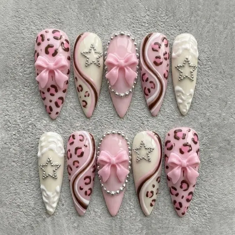Pink Leopard Press On Nails, Bow Pearl Nails, Cute Luxury Handmade Long Press On Nail Set