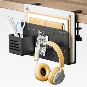 Desk side storage organizer, no-drill under-desk laptop holder, clamp-on desk shelf with pegboard accessories, hanging laptop mount, fits flat edges 0.4″–2.2″, black