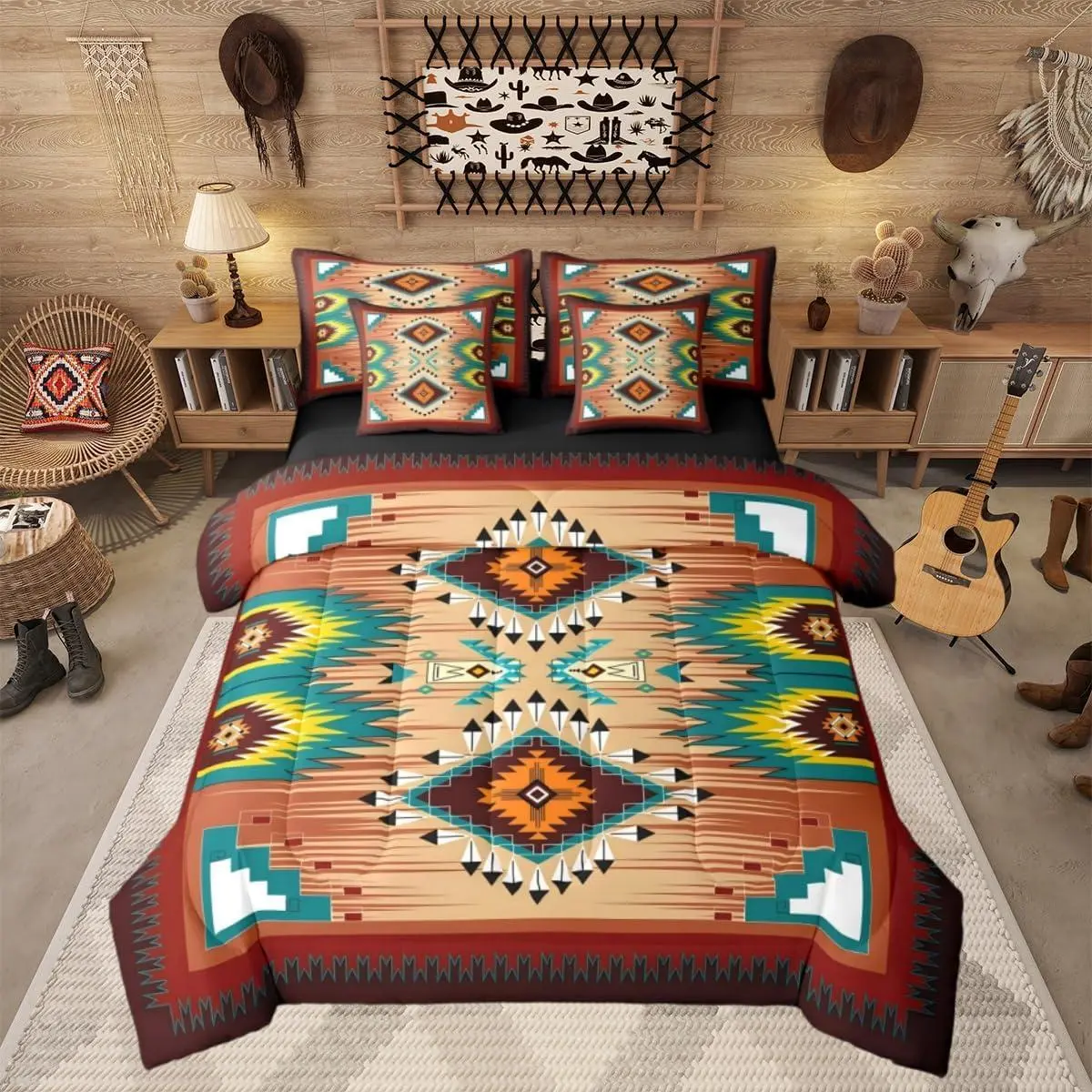 Feelyou 7-Piece Rustic Farmhouse Bohemian Bedding Set - Southwest Ethnic Western Aztec Design, Breathable High Tensile Strength Microfiber, Multi-Size Bed-in-A-Bag with Native Decor for Teens, King Size, Machine Washable, Aztec-Themed Bedding Sets Collect