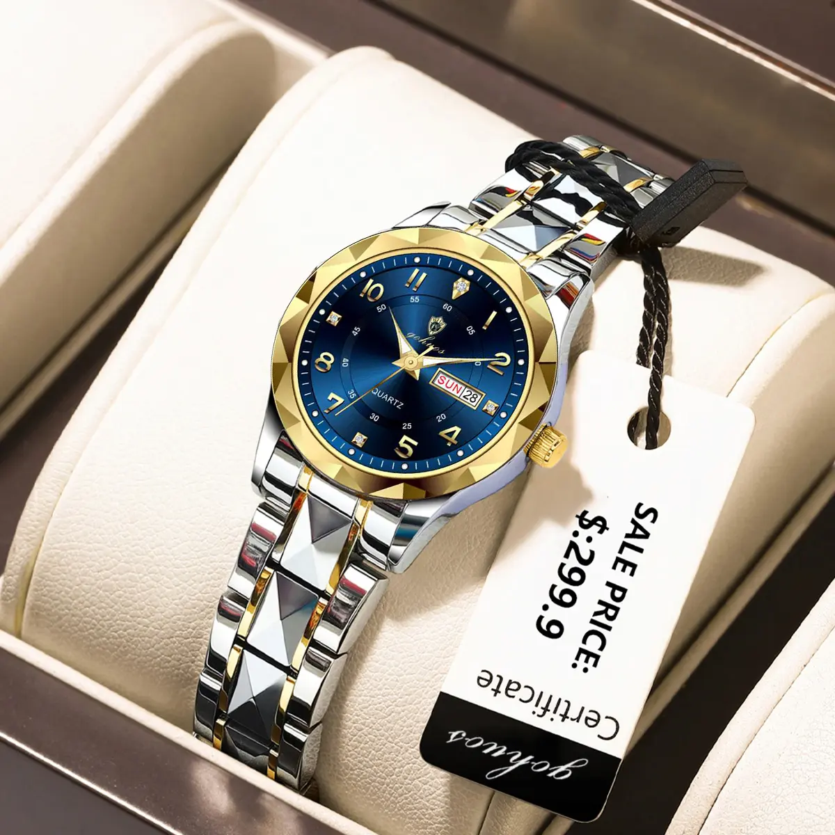 GOHUOS Elegant Fashion Women's Round Digital Watch - Stainless Steel, Hardlex Glass, Luminous, 30M Waterproof, Buckle Closure, Calendar, Week & Date Display, Quartz Wristwatch with Gift Box & Bag, Glamorous