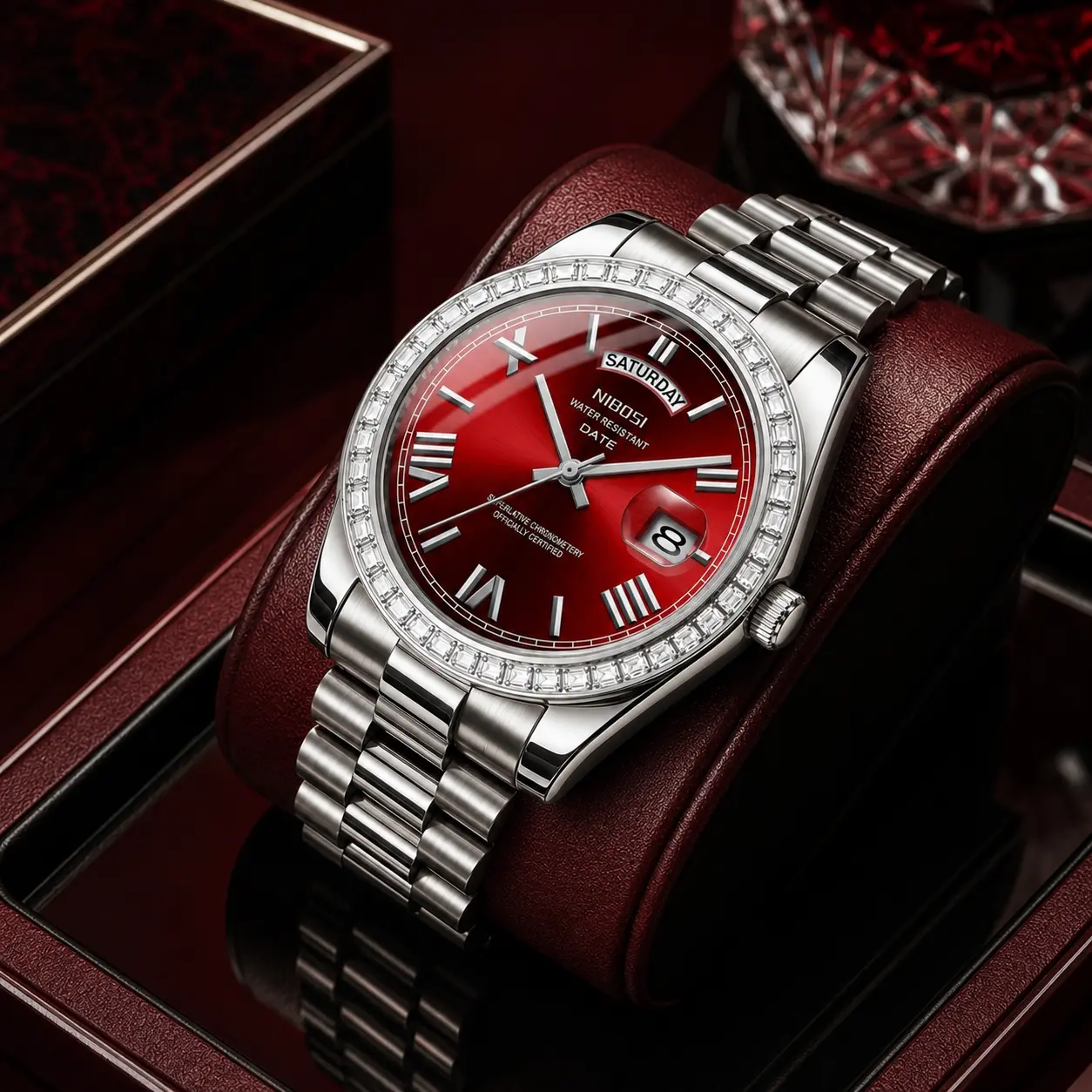 Men's Luxury Analog Watch, 40mm Round Face with Crystal Bezel, Stainless Steel Bracelet, Quartz Day-Date Function, 30-50M Water Resistant - Elegant Business Accessory, Round Face Watch, Stainless Steel Watches