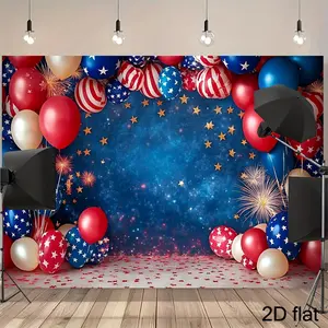 A 2D Flat Backdrop Featuring an American Flag Design for The 4Th of July, Complete with Fireworks And Balloons, Ideal for Floor Photography, Showcasing High Detail in Red, White, And Blue