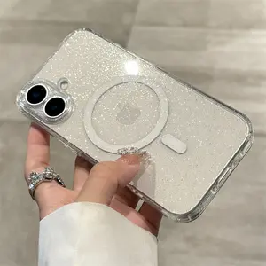 Luxury Glitter Magsafe Transparent Case for IPhone 11 12 13 14 15 16 Pro Max Plus Magnetic Wireless Charge Shockproof Soft Cover