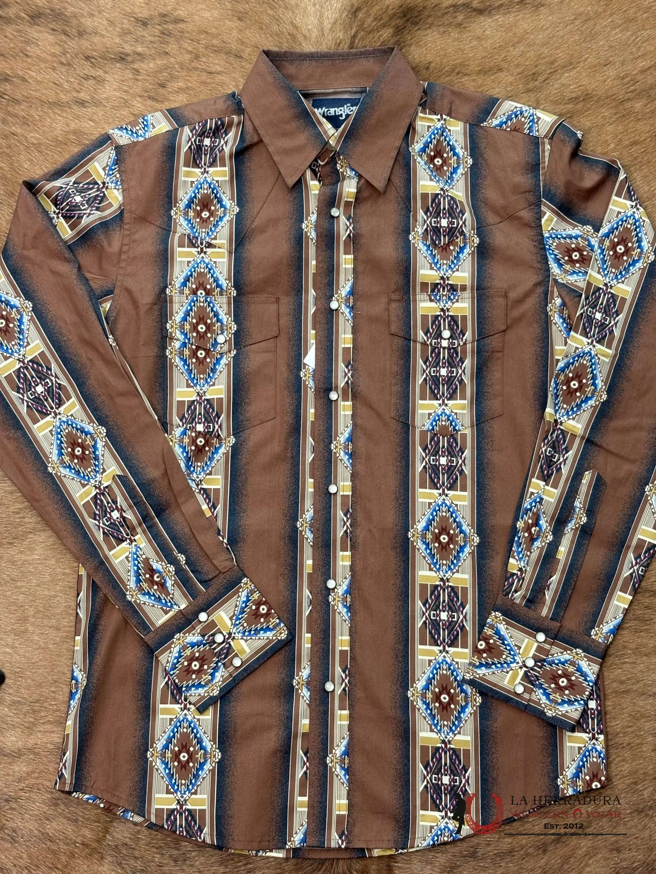 MEN'S WRANGLER CHECOTAH BROWN AZTEC PRINT LONG SLEEVE SHIRT - 112367724