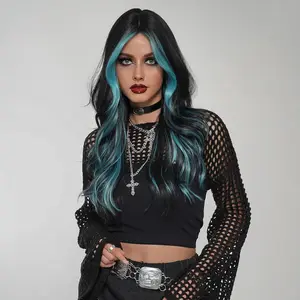 Black Teal Blue Highlight Long Wavy Wig with Curtain bang 26 Inch Ombre Teal Blue Black wig Synthetic Heat Resistant Wig for Women Daily Party .