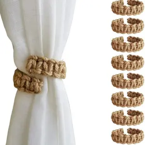Handmade Jute Rope Curtain Tiebacks Set, 8 Pieces Decorative Cord Holdbacks, Bedroom Home Decoration Accessories, Window Treatment Essentials