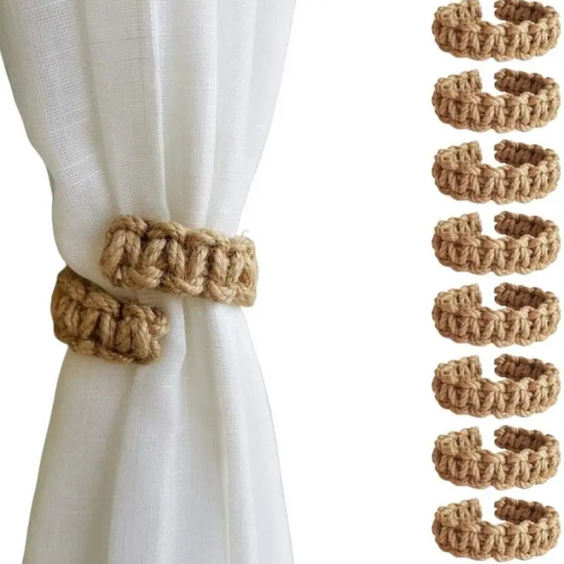 Handmade Jute Rope Curtain Tiebacks Set, 8 Pieces Decorative Cord Holdbacks, Bedroom Home Decoration Accessories, Window Treatment Essentials, Functional Organizing, Dimensions