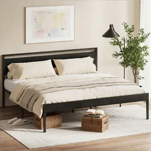 Full Size Metal Platform Bed Frame with Wooden Headboard and Footboard, Mattress Foundation, No Box Spring Needed, Large Under Bed Storage, Non-Slip Without Noise