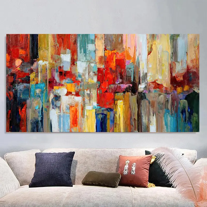 Abstract Colorful City Pattern Unframed Painting, Modern Canvas Wall Art, Wall Decor for Home Living Room Bedroom Office, Ornaments
